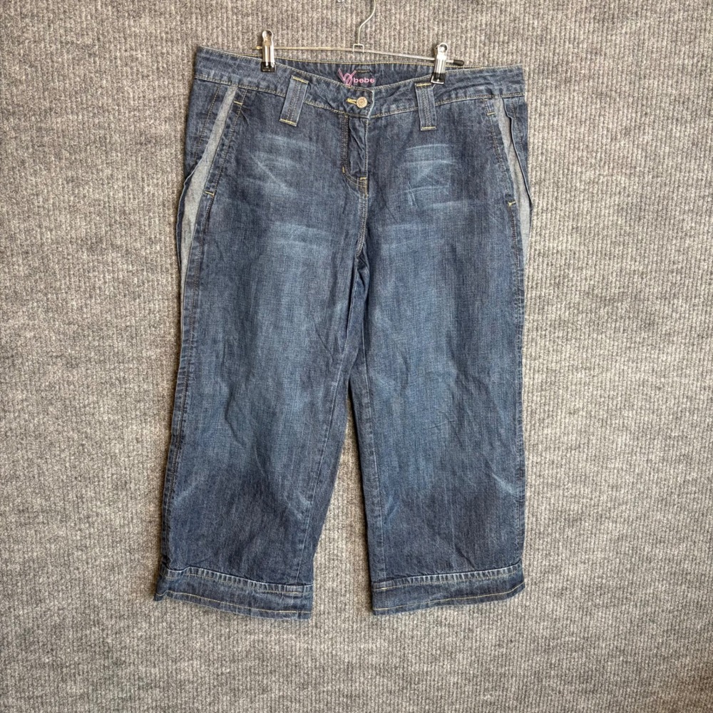 Y2K Bebe Denim Gaucho Capri Jeans Size 31 Wide Leg Side Stripe USA Made